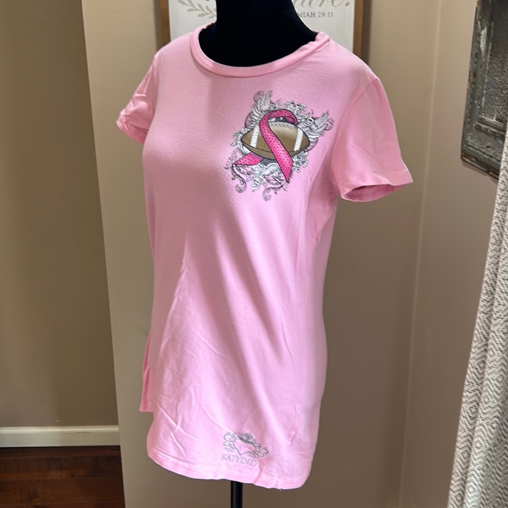 Katydid pink ribbon, footballs, and rhinestones. Size large.